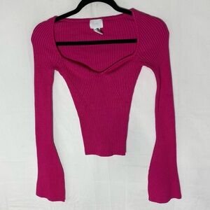H&M Y2K Pink Ribbed Knit Long Bell Sleeve Sweetheart Neckline Fitted Sweater XS